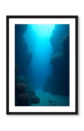Mysterious Underwater Scene in a Coral Reef, Serene Blue Atmosphere, Depth Exploration