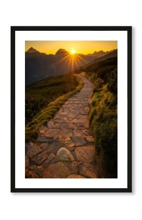 Golden Hour Sunburst Illuminates Rocky Mountain Trail During Ascent