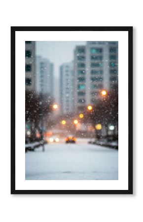 Urban winter scene showing snowflakes falling over a snowy road, blurred buildings, and glowing traffic lights in the distance.