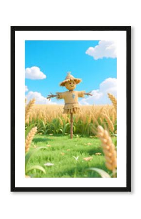 Cartoon wheat field illustration of scarecrow in the beginning of autumn