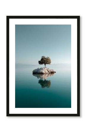 Solitary tree on rocky island in serene lake under clear blue sky