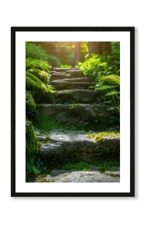Collection of aged stone steps next to a plaster wall, ascending toward an unknown area in a tranquil garden, illuminated by gentle daylight