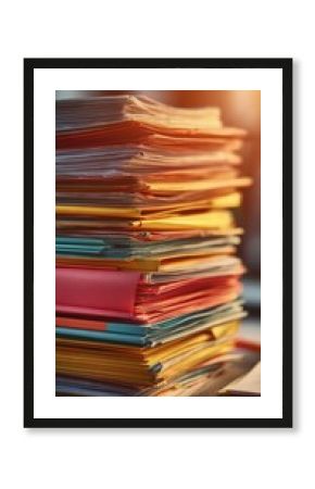 A disorganized stack of colorful folders and scattered documents glimmers in the warm sunlight visualizing the struggle of office employees seeking balance between productivity and