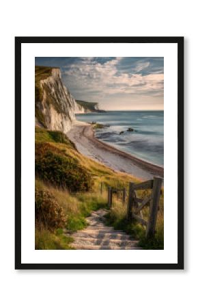 Coastal Path to Durdle Door Beach, Dorset, UK Chalk Cliffs and Sea