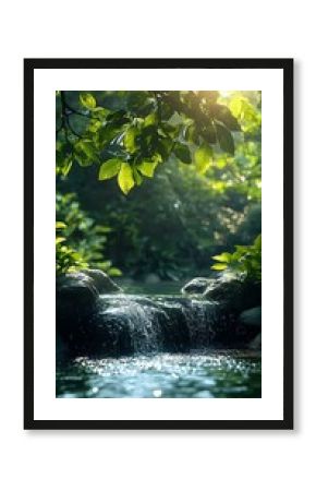 Sunlight filtering through green leaves above small waterfall cascade over rocks in tranquil forest stream, creating peaceful nature atmosphere with bokeh reflections.