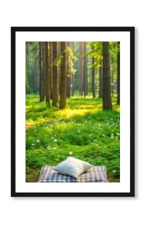 A white pillow lies on a checkered picnic blanket in a lush green forest surrounded by tall trees and vibrant wildflowers
