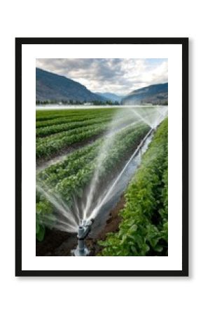 Rows of green plants are being watered by sprinklers under a clear blue sky and the warm glow of late afternoon sunlight