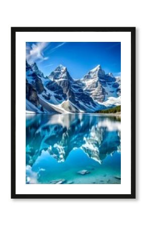 Snow capped mountains reflect in the clear waters of moraine lake