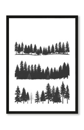 Vintage trees and forest silhouettes set in monochrome style isolated vector illustration, evergreen coniferous forest trees collection.