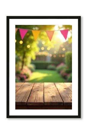Rustic wooden table foreground festive bunting hanging blurred garden lights background. Warm inviting atmosphere outdoor summer celebration party. Sunny day scene provides ample copyspace for