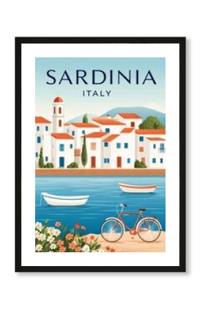 Sardinia, italy travel poster with white houses, boats and bicycle