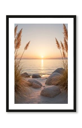 Serene beach scene featuring a sunset over the calm ocean, framed by tall grasses and rocks.