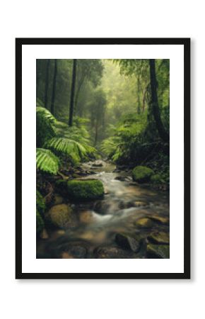 AI generator images of Green Nature Rainforest Waterfalls in the forest, streams with mossy rocks, rocks covered with green moss, show the abundance of the moist forest. tranquil stream