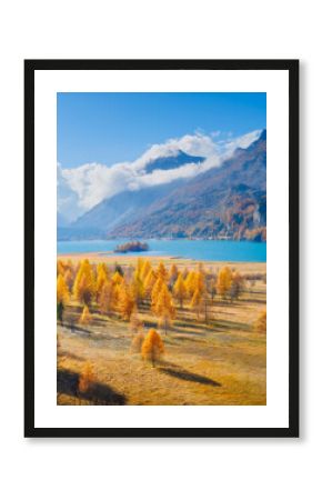 Autumn landscape. Day time in the mountains. Yellow larch trees. Incredible view of the mountain valley with lake. Photo for background, wallpaper, postcards.