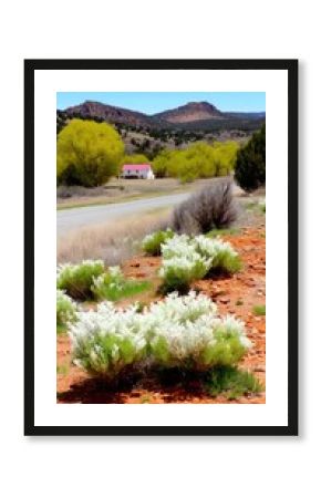 Rolling Scrubland Landscape with Silver Sagebrush and a Pink House