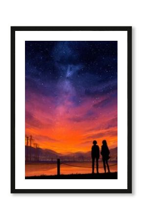 Silhouette of Couple Gazing at Starry Night Sky with Vibrant Sunset Hues in Anime Style Illustration