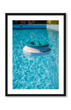 Floating chlorine dispenser drifting in clear blue pool water, used for regular maintenance and water disinfection