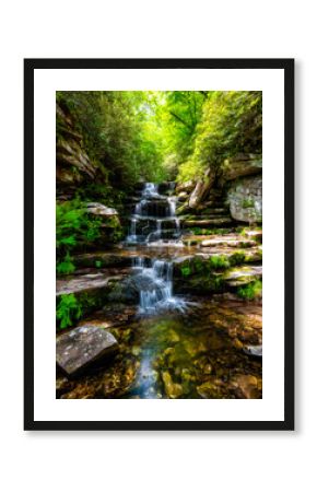 Serene woodland waterfall cascading over layered rocks in lush greenery