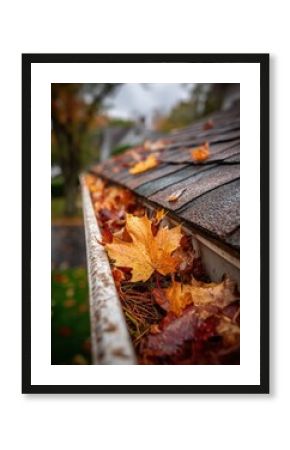 Rain gutters at a residential property show large, vibrant autumn leaves inside, alongside some pine needles, captured during an overcast afternoon