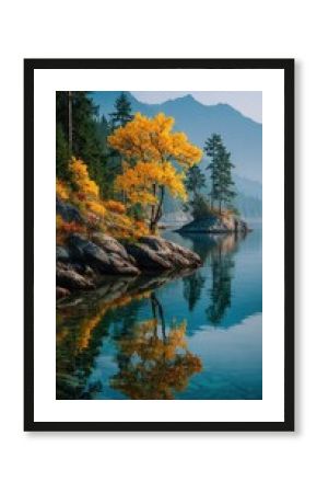 Colorful autumn tree reflected in serene lake surrounded by mountains and pine trees during early morning light