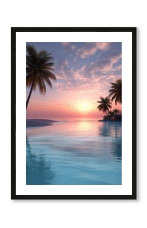 Tropical Beach Sunset with Palm Trees and Calm Ocean Water Reflection, Colorful Sky