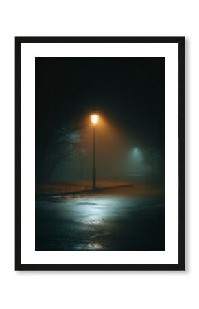 Foggy Night Street with Soft Glow of Vintage Lantern Light