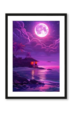 A purple tropical beach with a small house by the shore, palm trees, and distant mountains, under a violet sky where the full moon reflects on the water, creating a magical sunset-to-night scene.