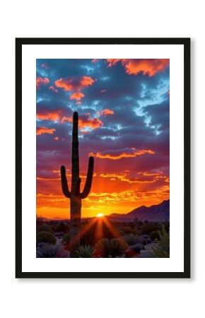 A lone saguaro cactus stands tall against a vibrant sunset in the arid desert landscape, its silhouette stark against the fiery sky, sunset, arid
