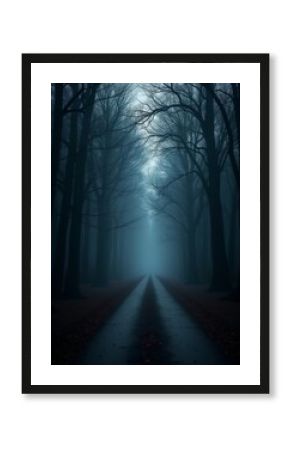 Dark forest with empty road in receding light halloween backdrop border background  spooky illustration decoration