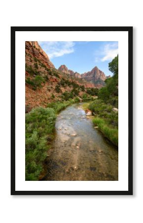 Scenic landscape with The Watchman mountain peak above the Virgin River, outdoor recreation, Zion National Park, Utah 