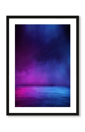 Stunning photo of empty dark room with neon lights and smoke for product presentation.