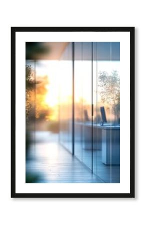 Modern office space with glass walls during sunset revealing a serene landscape outside