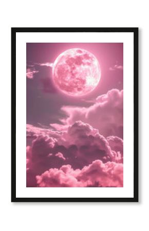 Soft pink clouds and a glowing moon shining in the distance drift gently across the sky, creating a dreamy and magical display.
