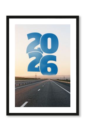 Road stretches towards horizon with bold 2026 overlay at sunset