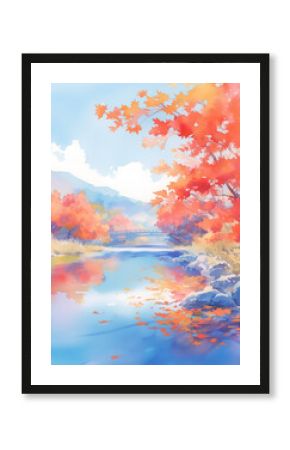 秋の川を彩る紅葉が水彩タッチで繊細に表現された和の風景、流れる水と落ち葉の美しいコントラストが印象的な、日本の自然美を感じるイラスト素材