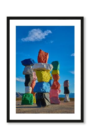 Colorful Rock Stacks at Seven Magic Mountains in Nevada Desert Under Blue Sky