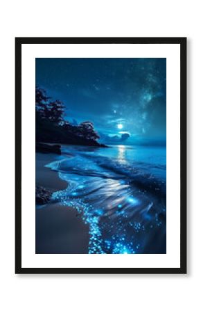 Beautiful blue beach illuminated by neon lights under the moonlit night.