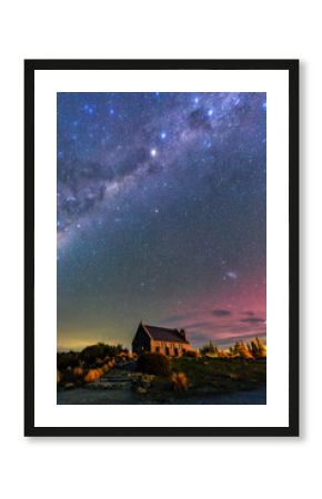 Milky Way, Nebula, Aurora Australis glowing over Church of the Good Shepherd at Lake Tekapo, New Zealand