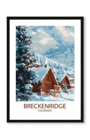 Idyllic winter scene in Breckenridge, Colorado featuring snow-covered cabins, a towering pine tree, and picturesque mountains under a cloudy sky, a perfect winter wonderland vector illustration