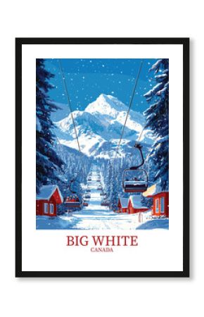 Vector illustration of the scenic Big White, Canada, ski resort featuring chairlifts, snowy slopes, pine forests, and cozy chalets under a clear, winter sky