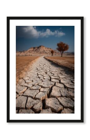 Climate Change Concept. Dead Tree in Arid Desert Land