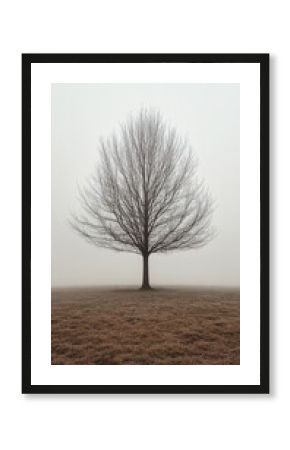 Hyperrealistic scene of a solitary tree standing in a foggy meadow with soft sunrise light, evoking tranquility, solitude, and atmospheric morning beauty.