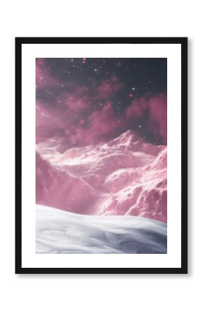 A magical winter landscape with snow-covered mountains and an enchanting sky.