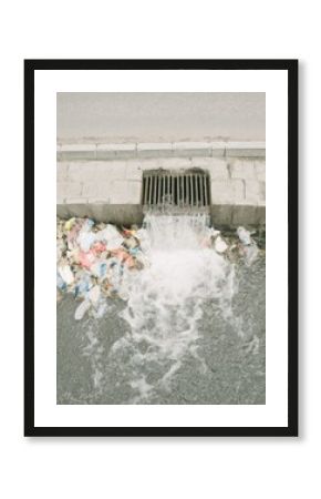 Urban Flooding Storm Drain Overflow with Polluted Water and Waste Premium Environmental Crisis Image for Modern City Infrastructure Marketing Campaigns