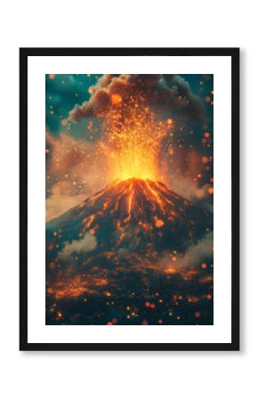 volcano erupting with glowing neon smoke, blending natural force with vibrant colors. Symbolizes energy, transformation, danger, power, and the surreal beauty of nature in dramatic motion.
