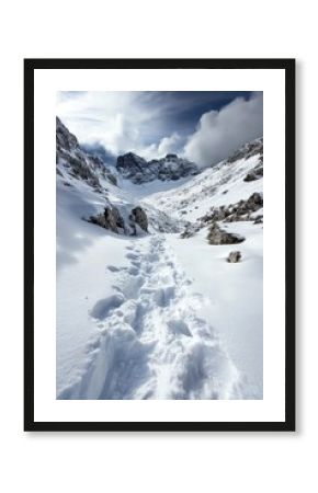 Deep fresh snow blankets a majestic winter mountain valley with steep rocky slopes. Winding footprints create a clear path leading towards distant frosted peaks under a dramatic cloudy sky.