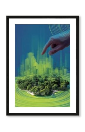 Digital Interaction With Nature and Urban Landscapes Blending in a Futuristic Scene Featuring a Hand Reaching for a Lush Green Island