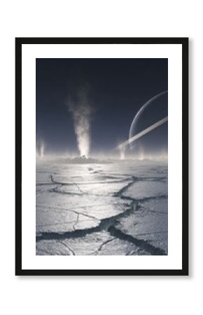 Breathtaking view of enceladus  icy terrain, water geysers, and saturn on the horizon