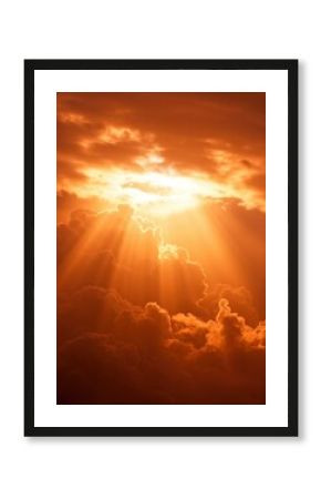 An intensely colorful cloudy expanse showing dramatic atmospheric lighting, mixing vibrant orange hues and bright white radiance overhead ,sunrise ,diffused ,vast