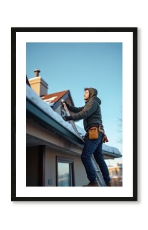 Man repairs roof in winter. Contractor on ladder cleans snow from house gutter. Roofer maintenance work at height. Technician works on house exterior. Home repair job during winter season.